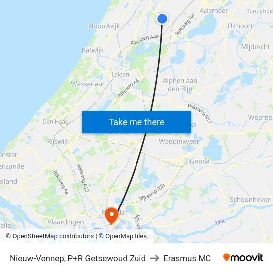 Nieuw-Vennep, P+R Getsewoud Zuid to Erasmus MC map