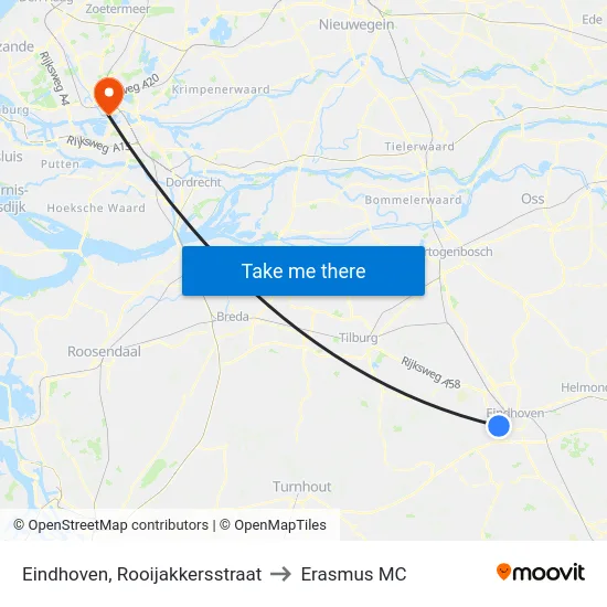 Eindhoven, Rooijakkersstraat to Erasmus MC map
