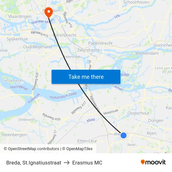 Breda, St.Ignatiusstraat to Erasmus MC map