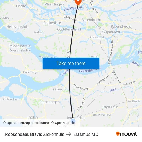 Roosendaal, Bravis Ziekenhuis to Erasmus MC map