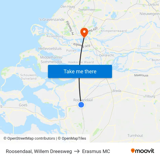 Roosendaal, Willem Dreesweg to Erasmus MC map