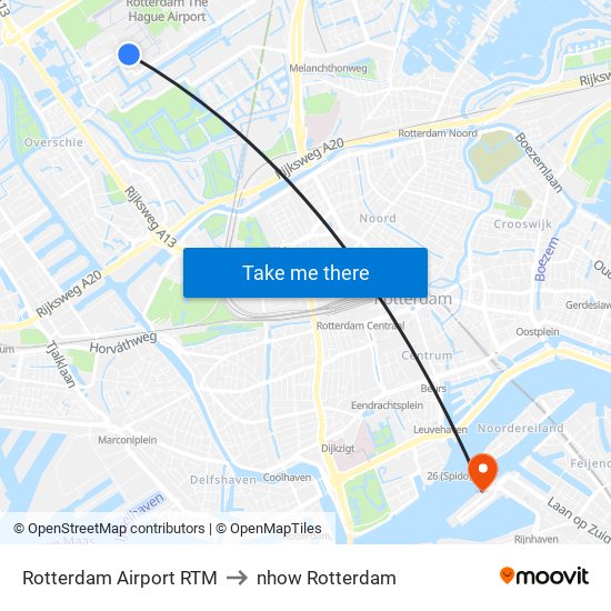 Rotterdam Airport RTM to nhow Rotterdam map
