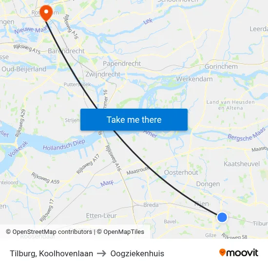 Tilburg, Koolhovenlaan to Oogziekenhuis map