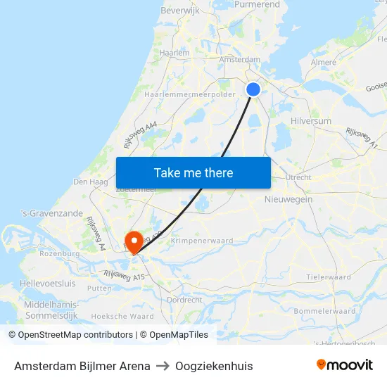 Amsterdam Bijlmer Arena to Oogziekenhuis map