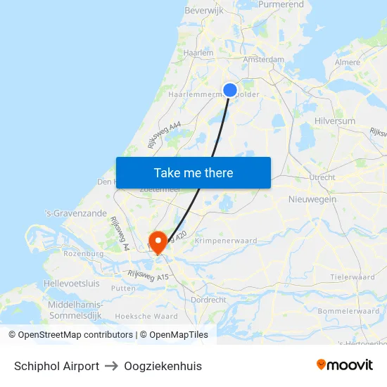 Schiphol Airport to Oogziekenhuis map