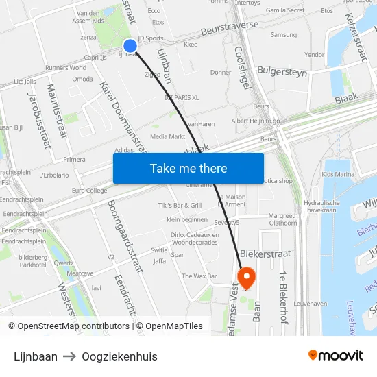 Lijnbaan to Oogziekenhuis map