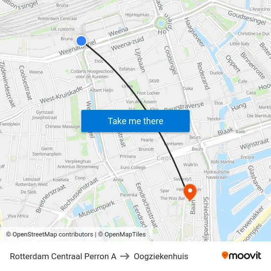 Rotterdam Centraal Perron A to Oogziekenhuis map