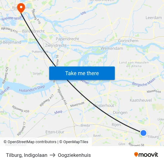 Tilburg, Indigolaan to Oogziekenhuis map