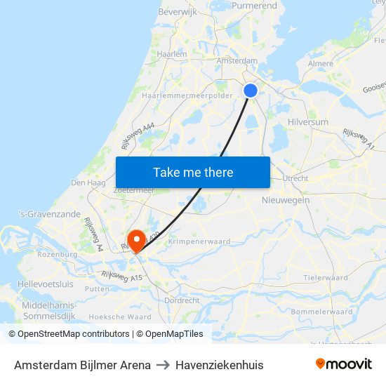 Amsterdam Bijlmer Arena to Havenziekenhuis map