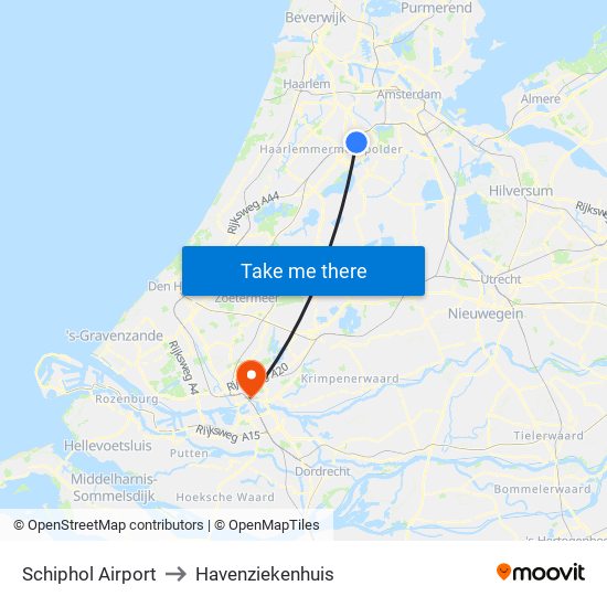 Schiphol Airport to Havenziekenhuis map