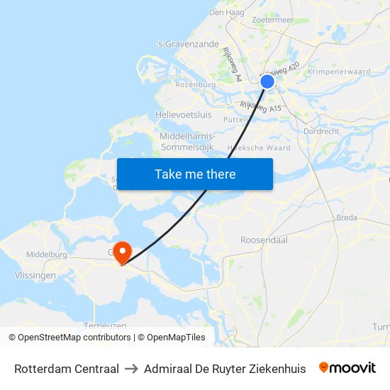 Rotterdam Centraal to Admiraal De Ruyter Ziekenhuis map