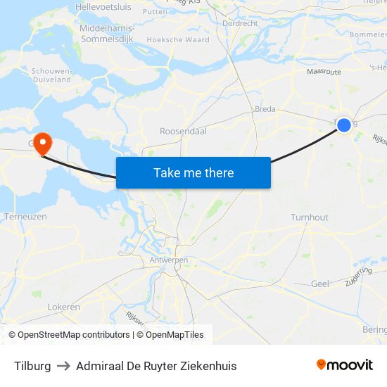 Tilburg to Admiraal De Ruyter Ziekenhuis map
