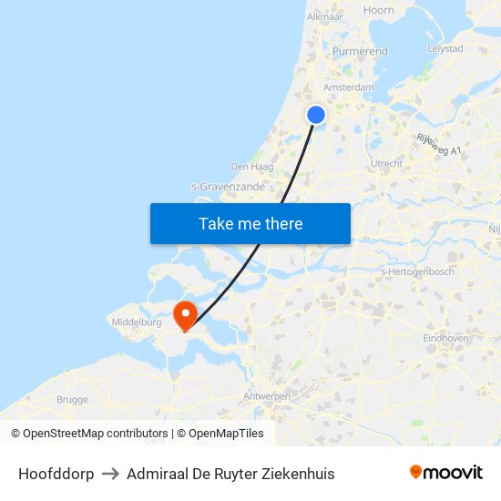 Hoofddorp to Admiraal De Ruyter Ziekenhuis map