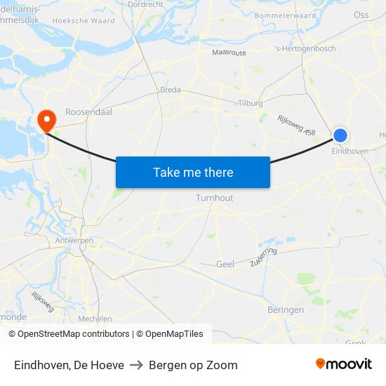 Eindhoven, De Hoeve to Bergen op Zoom map