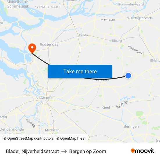 Bladel, Nijverheidsstraat to Bergen op Zoom map