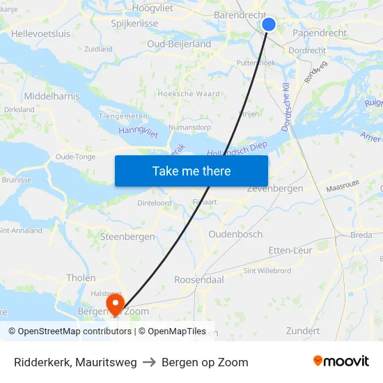 Ridderkerk, Mauritsweg to Bergen op Zoom map