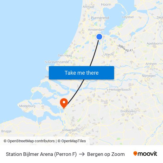 Station Bijlmer Arena (Perron F) to Bergen op Zoom map