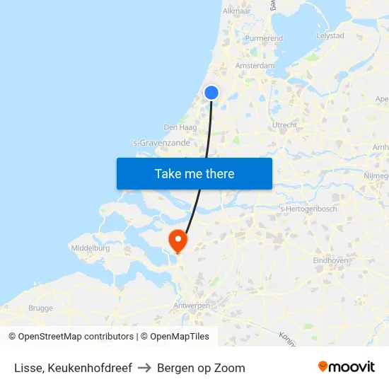 Lisse, Keukenhofdreef to Bergen op Zoom map