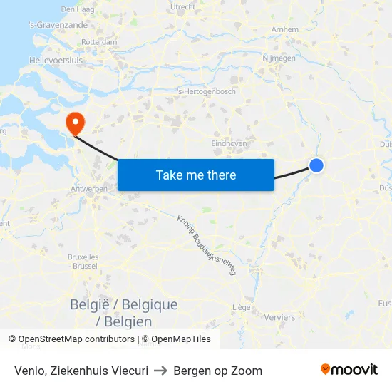 Venlo, Ziekenhuis Viecuri to Bergen op Zoom map
