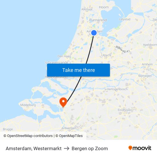 Amsterdam, Westermarkt to Bergen op Zoom map