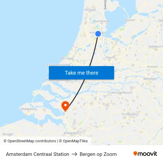 Amsterdam Centraal Station to Bergen op Zoom map