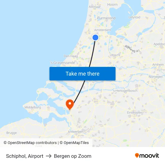 Schiphol, Airport to Bergen op Zoom map