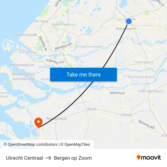 Utrecht Centraal to Bergen op Zoom map