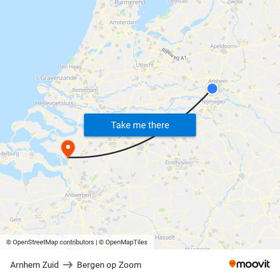 Arnhem Zuid to Bergen op Zoom map