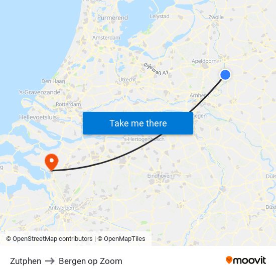 Zutphen to Bergen op Zoom map