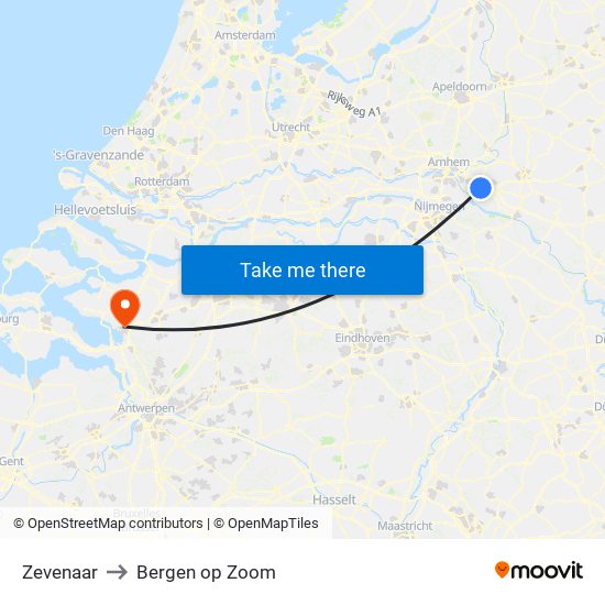 Zevenaar to Bergen op Zoom map