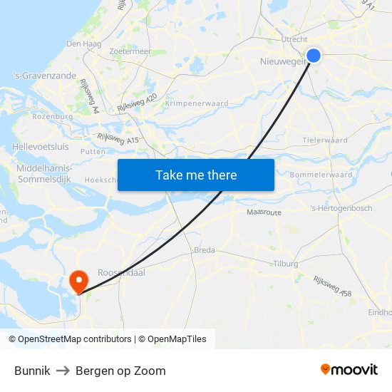 Bunnik to Bergen op Zoom map