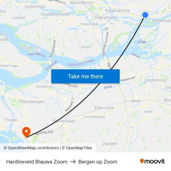 Hardinxveld Blauwe Zoom to Bergen op Zoom map