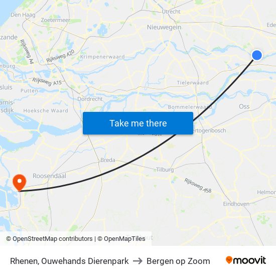 Rhenen, Ouwehands Dierenpark to Bergen op Zoom map