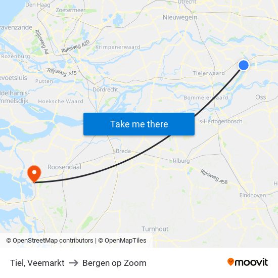 Tiel, Veemarkt to Bergen op Zoom map