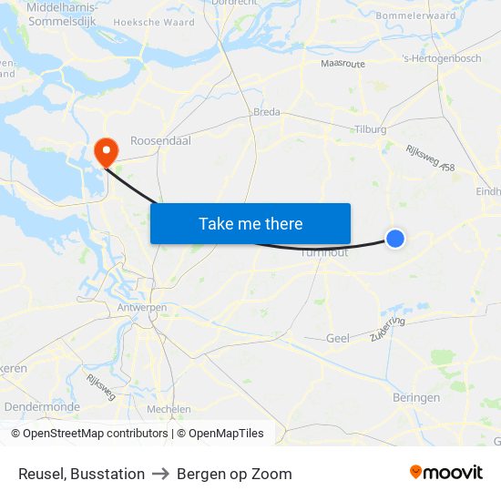 Reusel, Busstation to Bergen op Zoom map