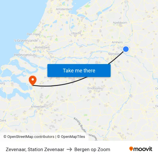 Zevenaar, Station Zevenaar to Bergen op Zoom map