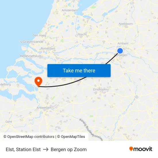 Elst, Station Elst to Bergen op Zoom map