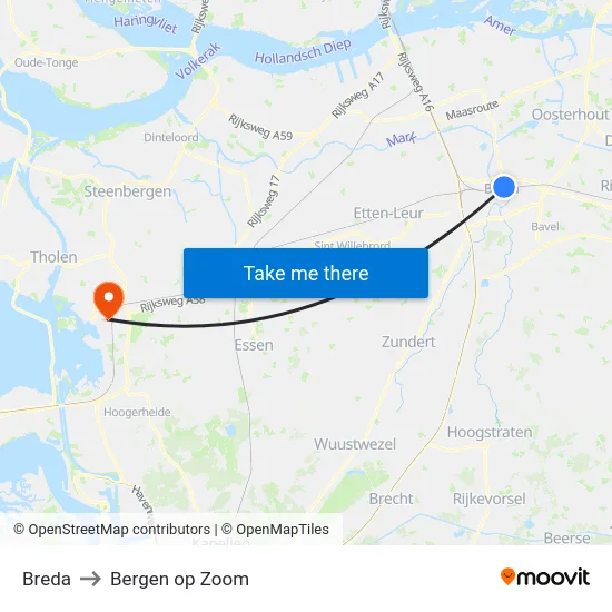 Breda to Bergen op Zoom map