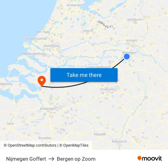 Nijmegen Goffert to Bergen op Zoom map