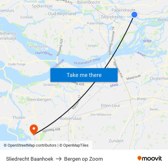 Sliedrecht Baanhoek to Bergen op Zoom map