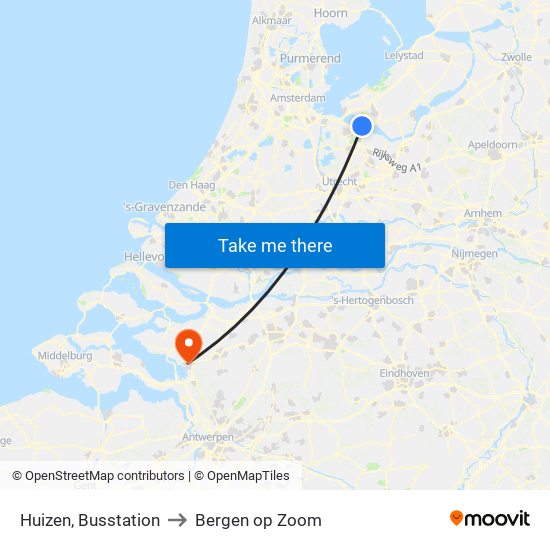 Huizen, Busstation to Bergen op Zoom map