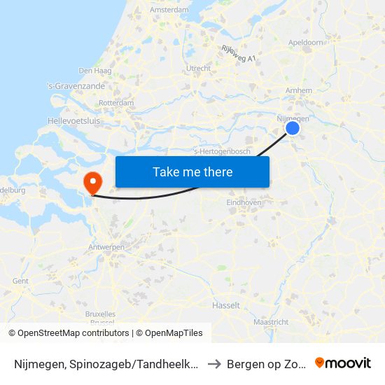 Nijmegen, Spinozageb/Tandheelkunde to Bergen op Zoom map