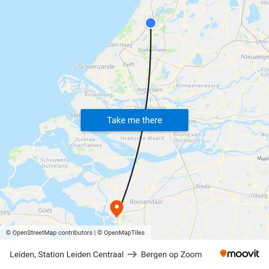 Leiden, Station Leiden Centraal to Bergen op Zoom map