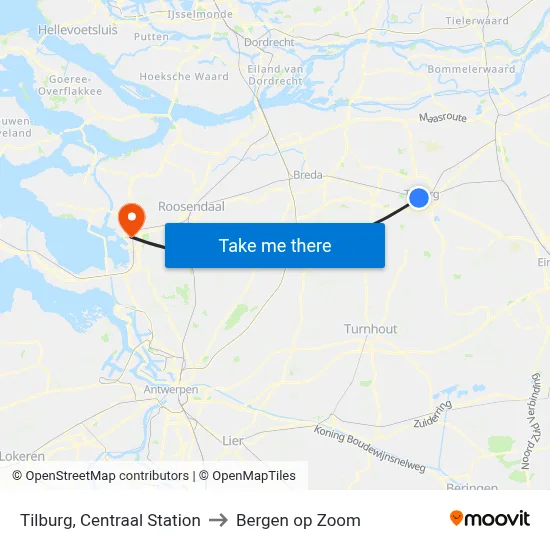 Tilburg, Centraal Station to Bergen op Zoom map