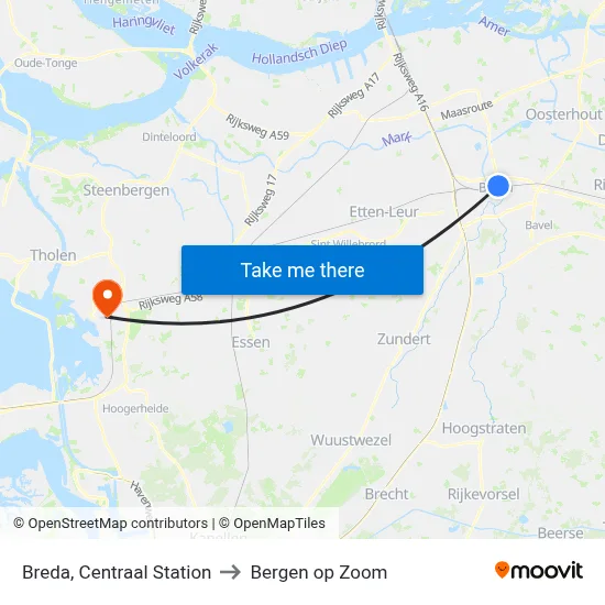 Breda, Centraal Station to Bergen op Zoom map