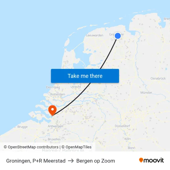 Groningen, P+R Meerstad to Bergen op Zoom map