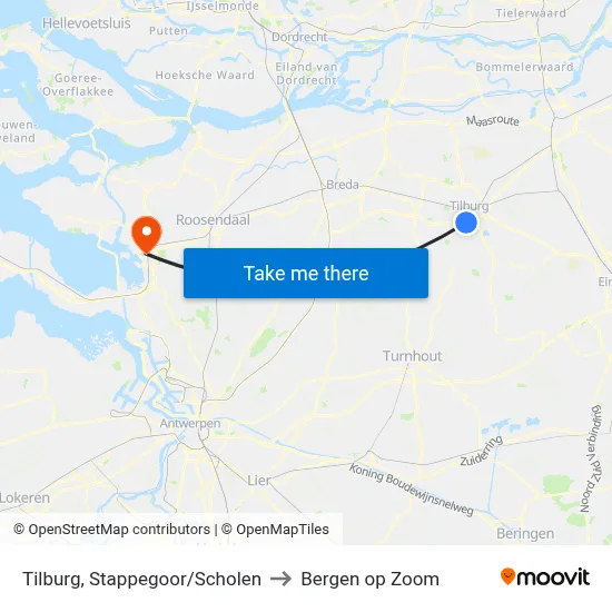 Tilburg, Stappegoor/Scholen to Bergen op Zoom map