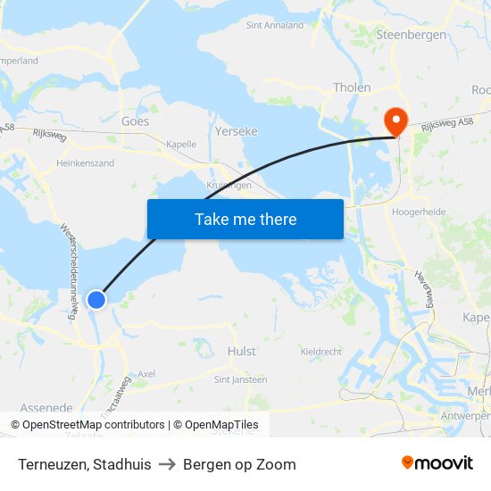 Terneuzen, Stadhuis to Bergen op Zoom map