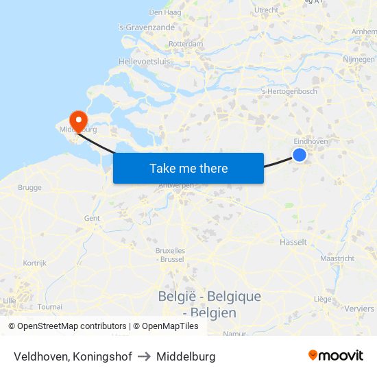 Veldhoven, Koningshof to Middelburg map