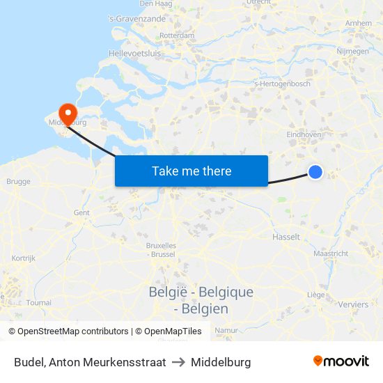 Budel, Anton Meurkensstraat to Middelburg map